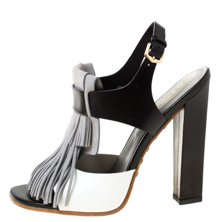 Pre Owned Tod's Tricolor Leather Fringe Detail Slingback Sandals Size 38.5