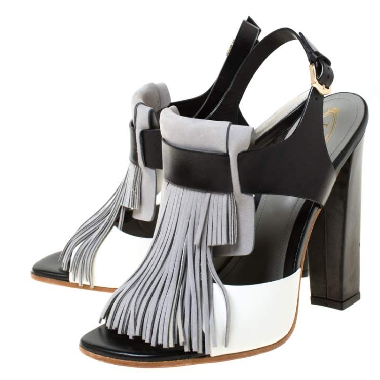 Pre Owned Tod's Tricolor Leather Fringe Detail Slingback Sandals Size 38.5