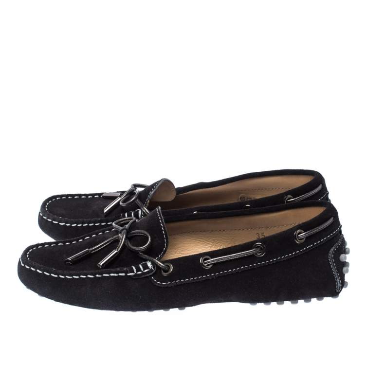 Pre Owned Tods Black Suede Leather Bow Loafers Size 35