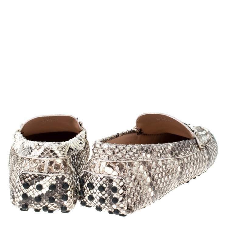 Pre Owned Tod's Beige/Black Python Double T Metal Loafers Size 36