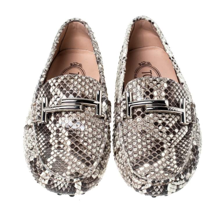 Pre Owned Tod's Beige/Black Python Double T Metal Loafers Size 36