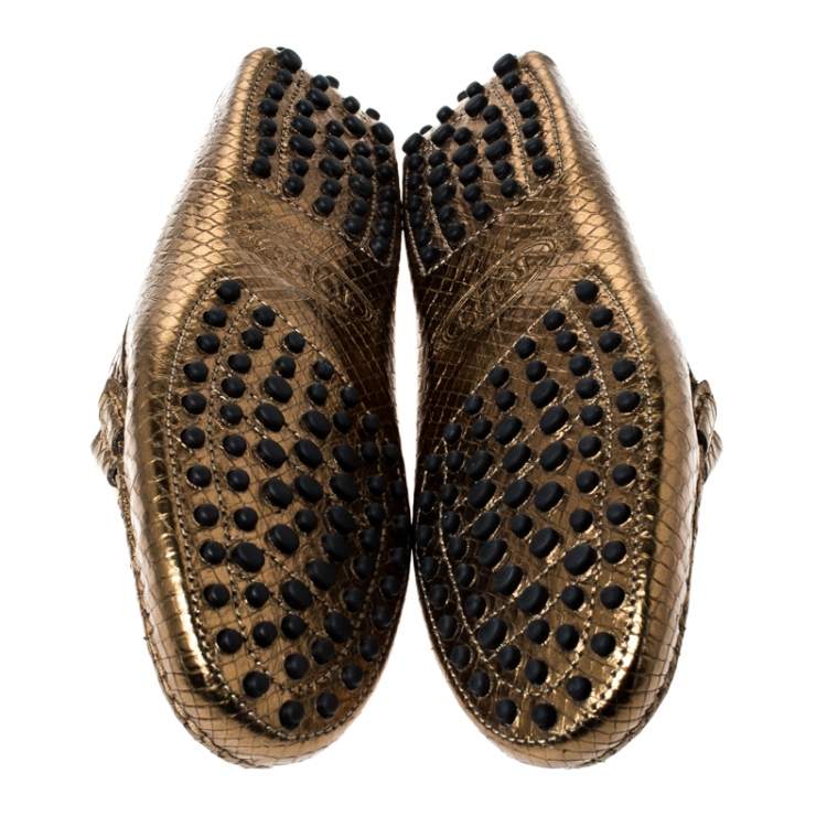 Pre Owned Tod's Bronze Metallic Snakeskin Double T Metal Loafers Size 36