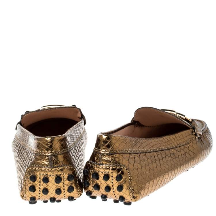Pre Owned Tod's Bronze Metallic Snakeskin Double T Metal Loafers Size 36
