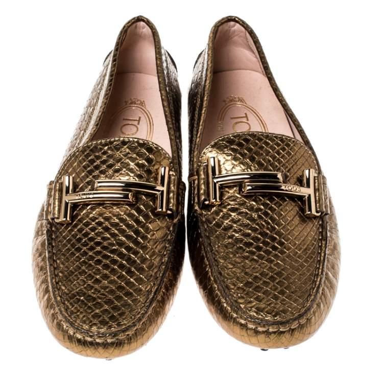 Pre Owned Tod's Bronze Metallic Snakeskin Double T Metal Loafers Size 36