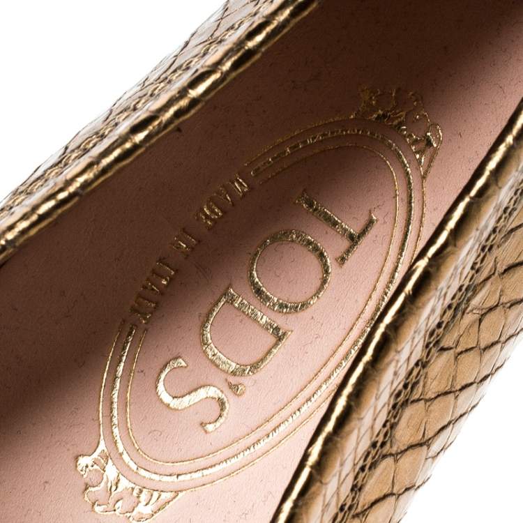 Pre Owned Tod's Bronze Metallic Snakeskin Double T Metal Loafers Size 36