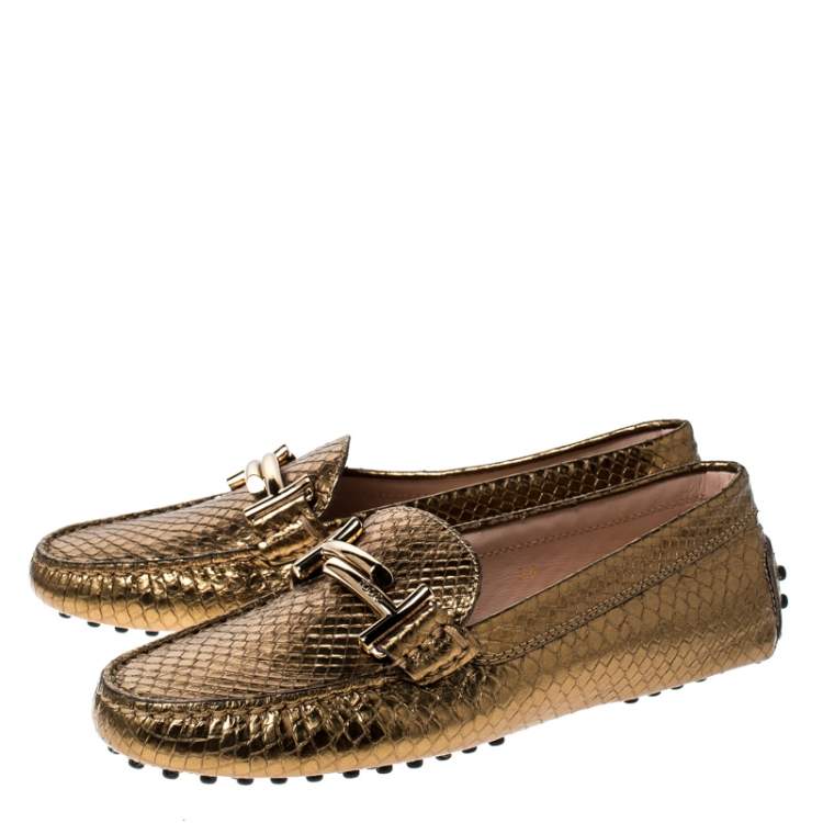 Pre Owned Tod's Bronze Metallic Snakeskin Double T Metal Loafers Size 36