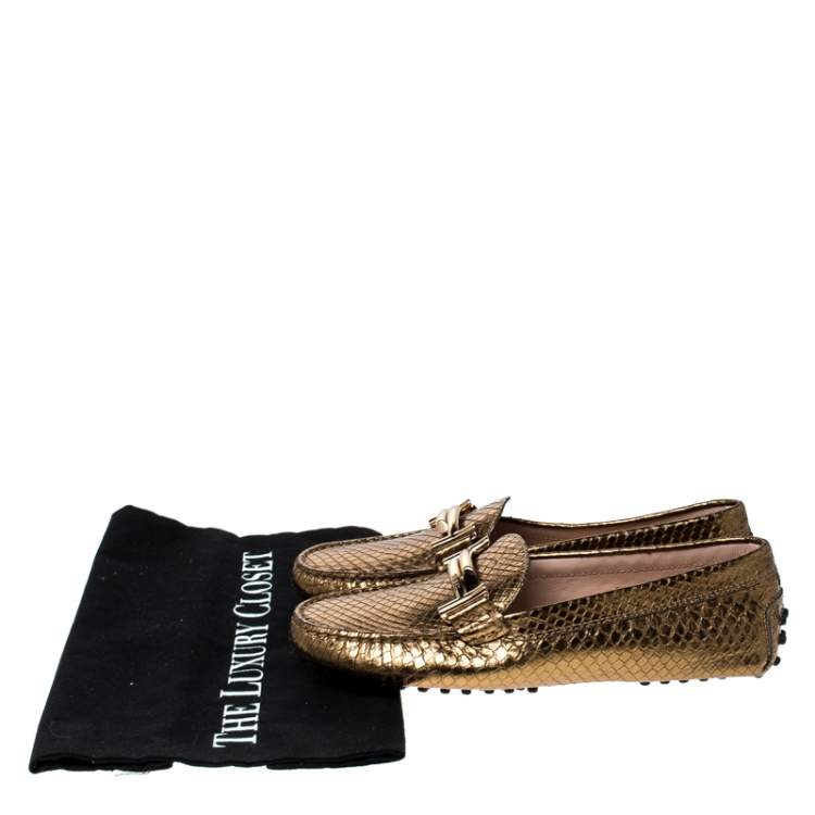 Pre Owned Tod's Bronze Metallic Snakeskin Double T Metal Loafers Size 36
