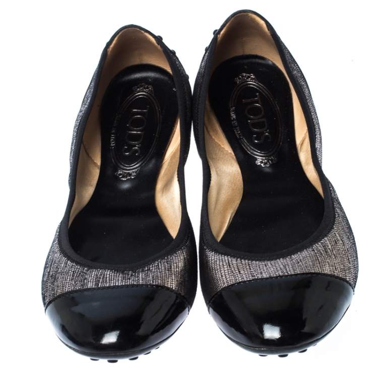Pre Owned  Tod's Black/Silver Textured Leather Cap Toe Ballet Flats Size 37