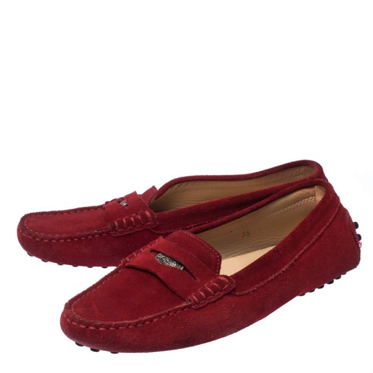 Pre Owned Tod's Red Suede Leather Penny Slip On Loafers Size 35