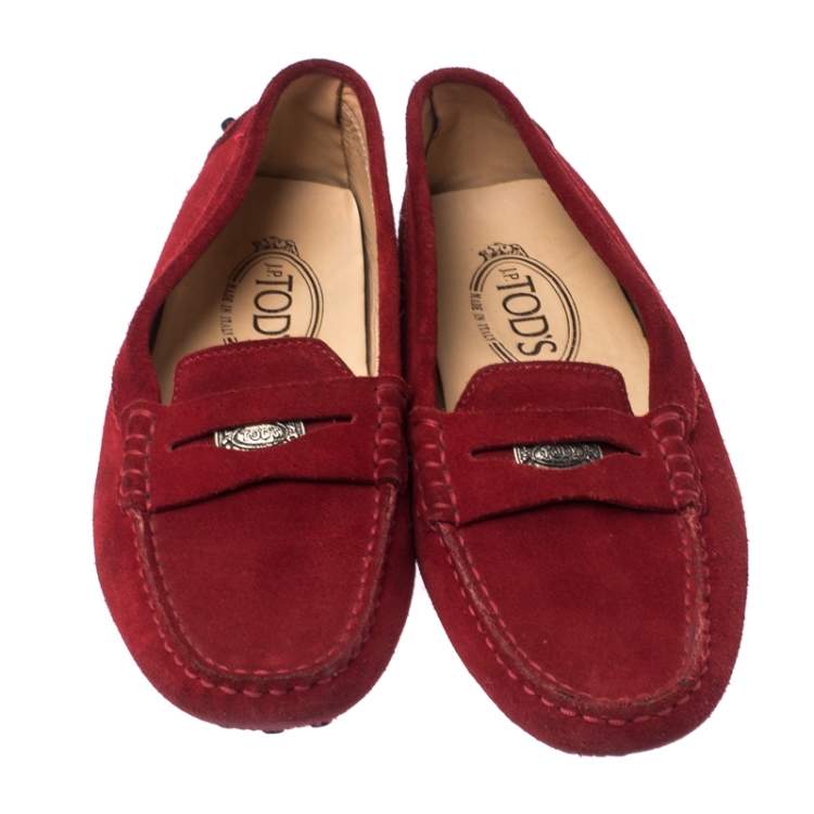 Pre Owned Tod's Red Suede Leather Penny Slip On Loafers Size 35
