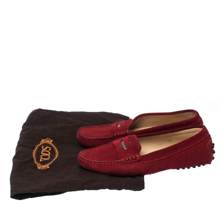 Pre Owned Tod's Red Suede Leather Penny Slip On Loafers Size 35