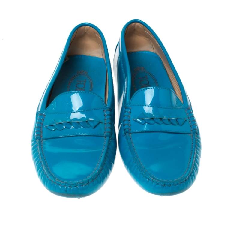Pre Owned Tod's Blue Patent Leather Gommino Loafers Size 37.5