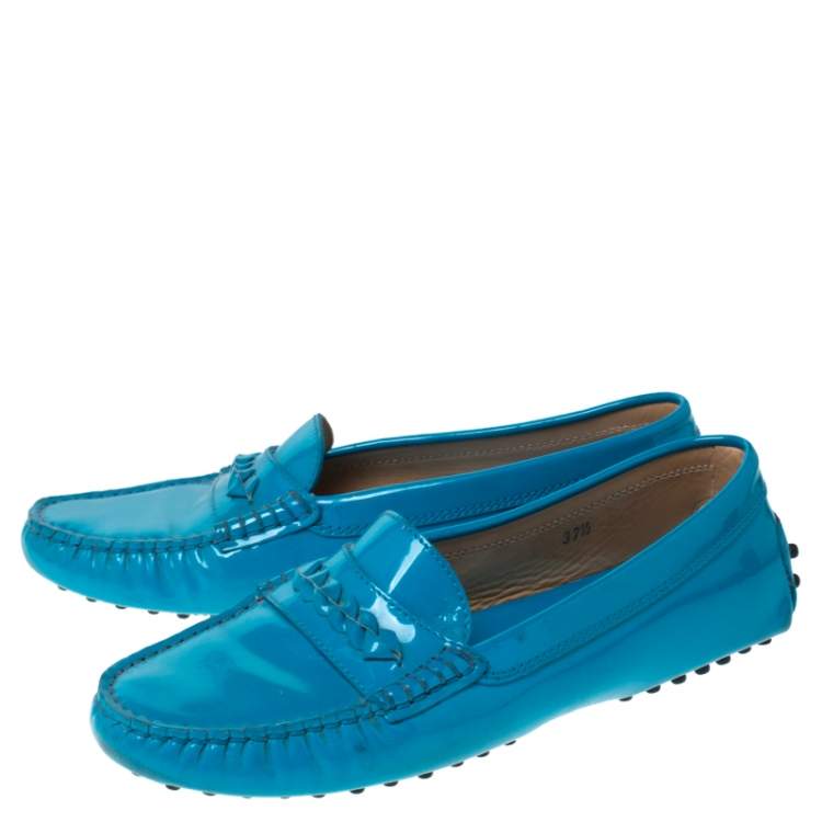Pre Owned Tod's Blue Patent Leather Gommino Loafers Size 37.5