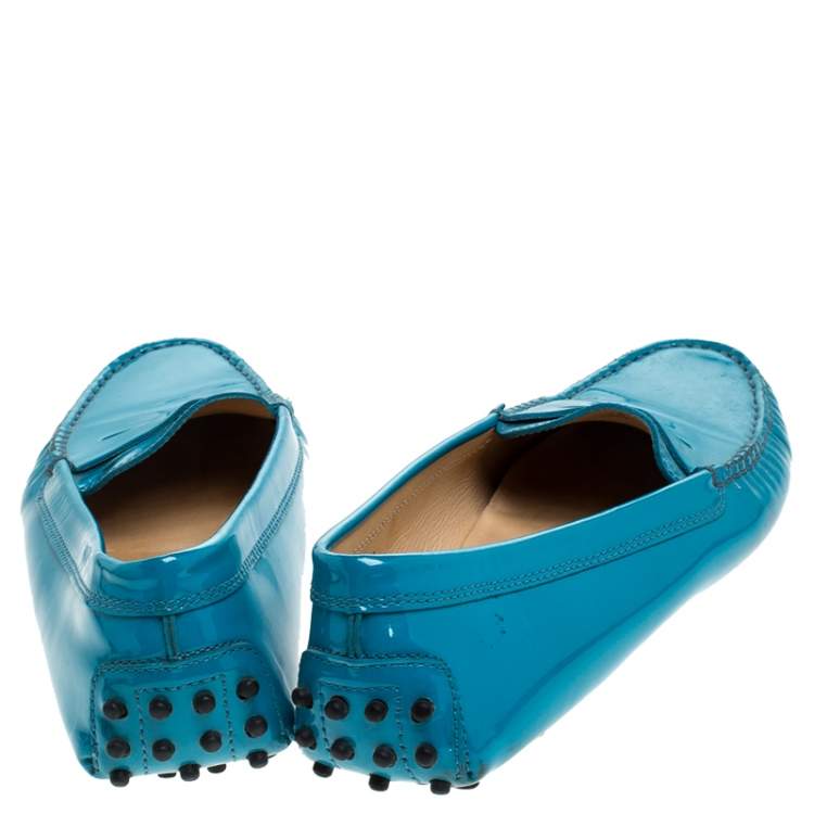 Pre Owned Tod's Blue Patent Leather Penny Slip On Loafers Size 38