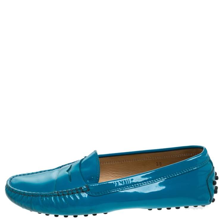Pre Owned Tod's Blue Patent Leather Penny Slip On Loafers Size 38