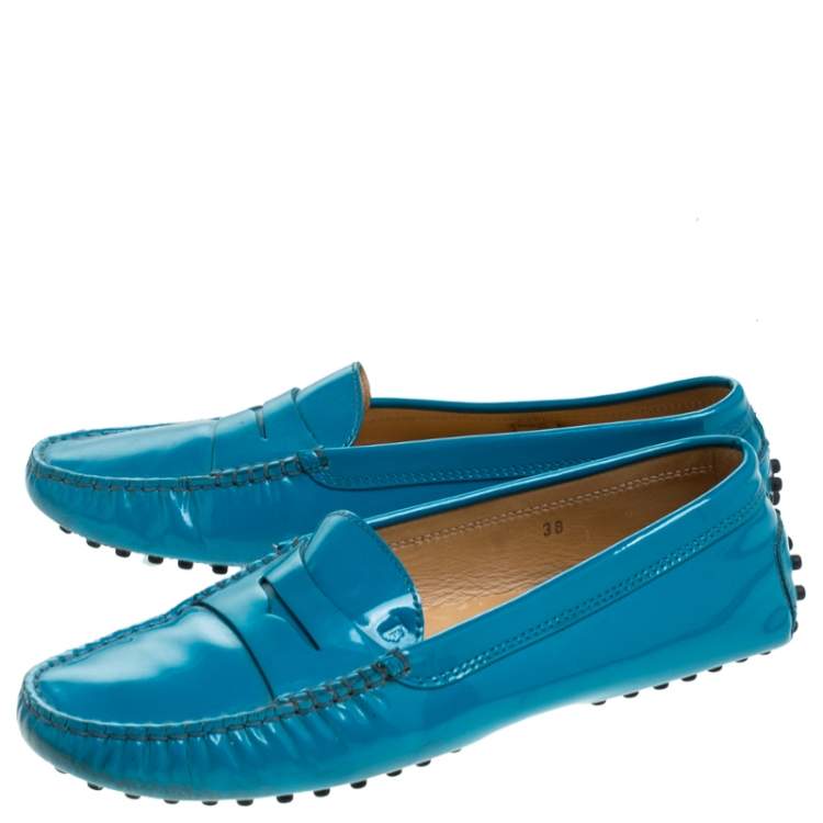 Pre Owned Tod's Blue Patent Leather Penny Slip On Loafers Size 38