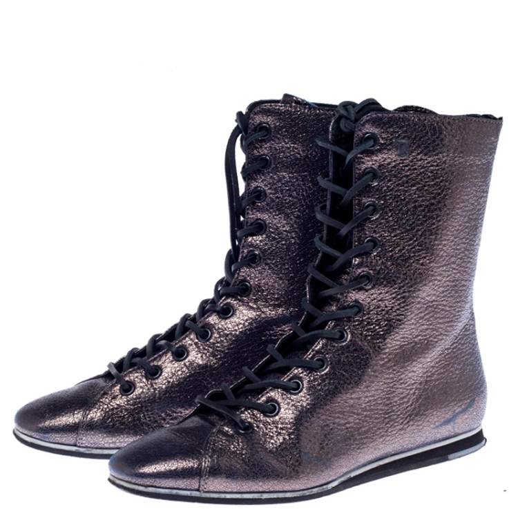 Pre Owned Tod's Metallic Grey Leather Ankle Boots Size 37