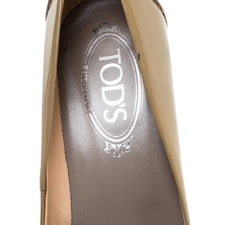 Pre Owned Tod's Beige Patent Leather Block Heel Loafer Pumps Size 37