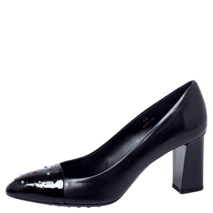 Pre Owned Tod's Black Studded Cap Toe Leather Block Heel Pumps Size 40