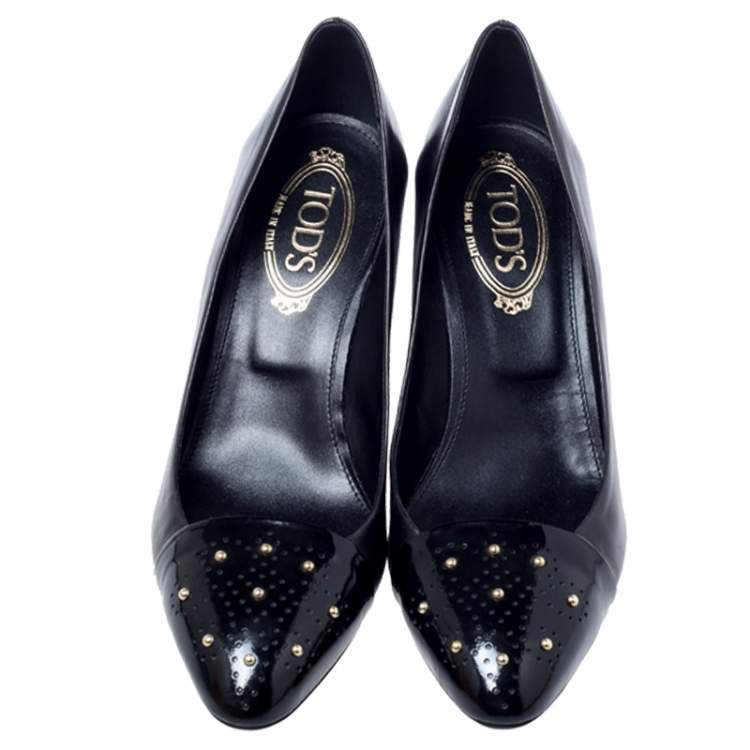 Pre Owned Tod's Black Studded Cap Toe Leather Block Heel Pumps Size 40