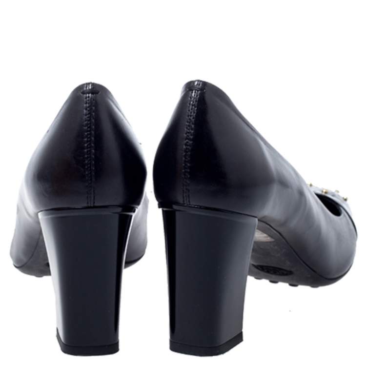 Pre Owned Tod's Black Studded Cap Toe Leather Block Heel Pumps Size 40