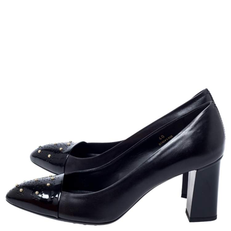 Pre Owned Tod's Black Studded Cap Toe Leather Block Heel Pumps Size 40