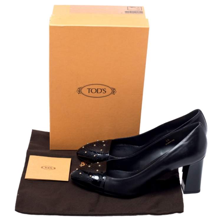 Pre Owned Tod's Black Studded Cap Toe Leather Block Heel Pumps Size 40