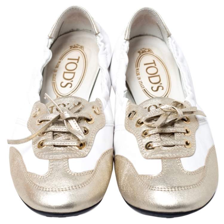 Pre Owned Tod's White/Gold Leather Gomma Lace Slip On Sneakers Size 37.5