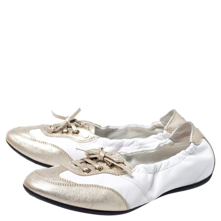 Pre Owned Tod's White/Gold Leather Gomma Lace Slip On Sneakers Size 37.5