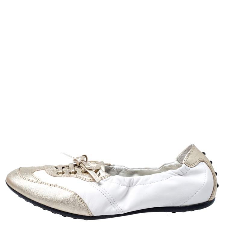 Pre Owned Tod's White/Gold Leather Gomma Lace Slip On Sneakers Size 37.5