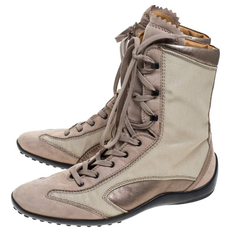 Pre Owned Tod’s Beige/Olive Green Canvas and Leather Lace Up Boots Size 37