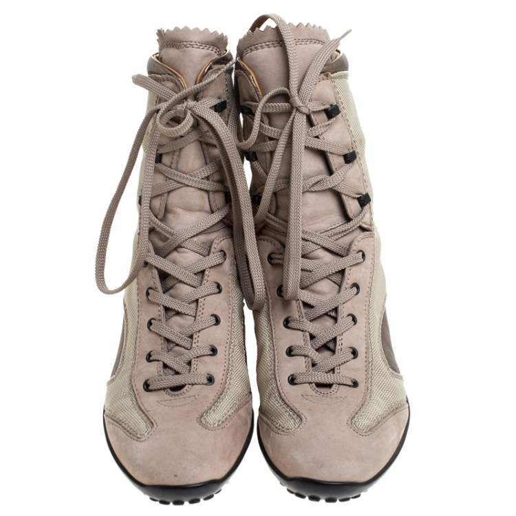 Pre Owned Tod’s Beige/Olive Green Canvas and Leather Lace Up Boots Size 37