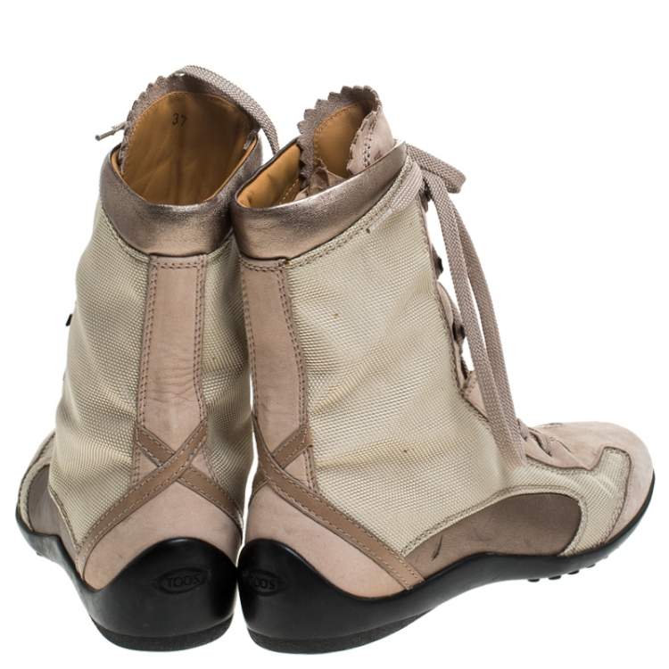 Pre Owned Tod’s Beige/Olive Green Canvas and Leather Lace Up Boots Size 37