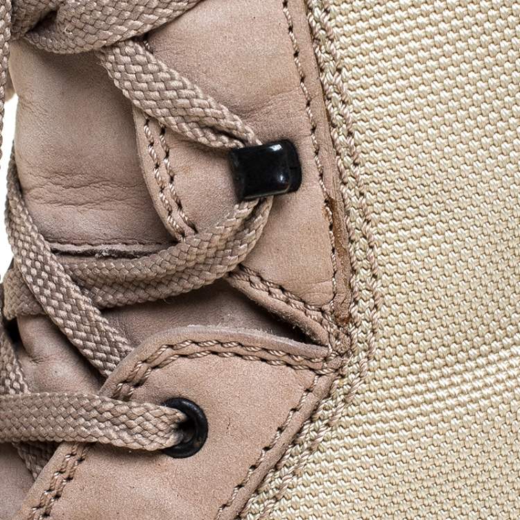 Pre Owned Tod’s Beige/Olive Green Canvas and Leather Lace Up Boots Size 37