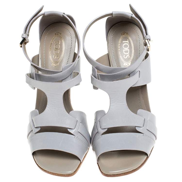 Pre Owned Tod's Grey Cage Leather Peep Toe Ankle Strap Block Heel  Sandals Size 36