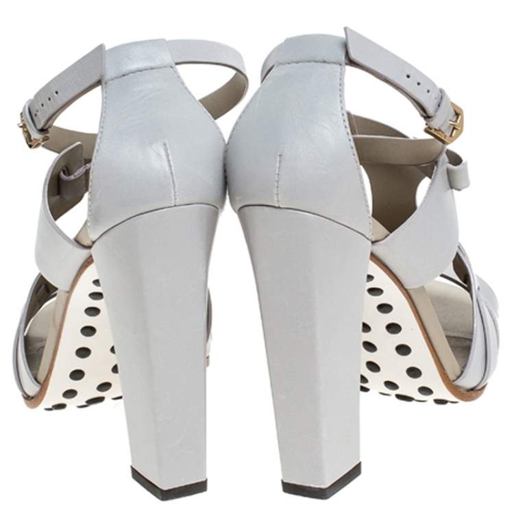 Pre Owned Tod's Grey Cage Leather Peep Toe Ankle Strap Block Heel  Sandals Size 36