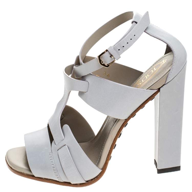 Pre Owned Tod's Grey Cage Leather Peep Toe Ankle Strap Block Heel  Sandals Size 36