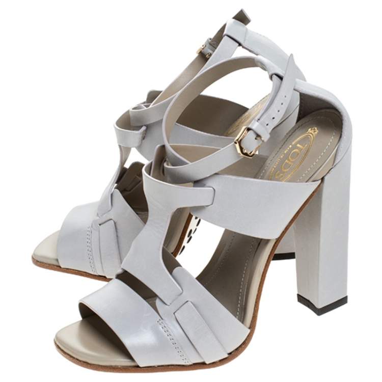 Pre Owned Tod's Grey Cage Leather Peep Toe Ankle Strap Block Heel  Sandals Size 36