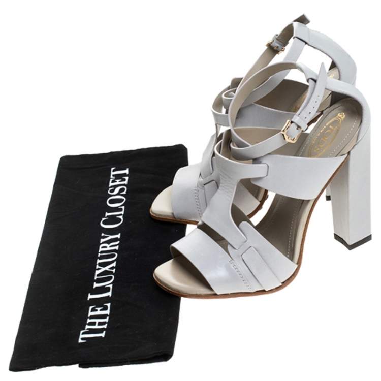 Pre Owned Tod's Grey Cage Leather Peep Toe Ankle Strap Block Heel  Sandals Size 36