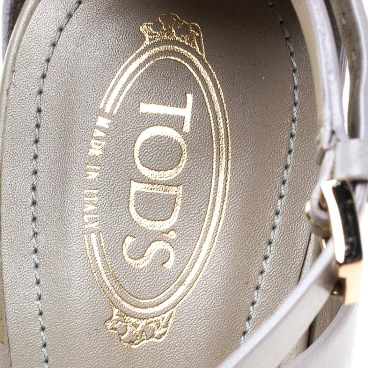 Pre Owned Tod's Grey Cage Leather Peep Toe Ankle Strap Block Heel  Sandals Size 36