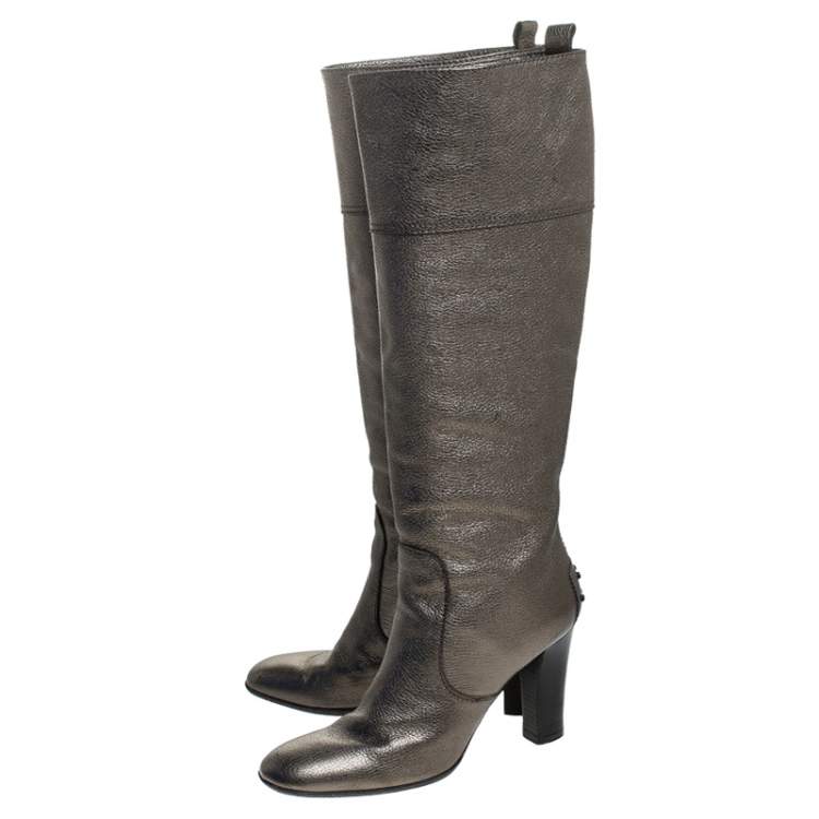 Pre Owned Tod's Metallic Grey Leather Knee Length Boots Size 36.5