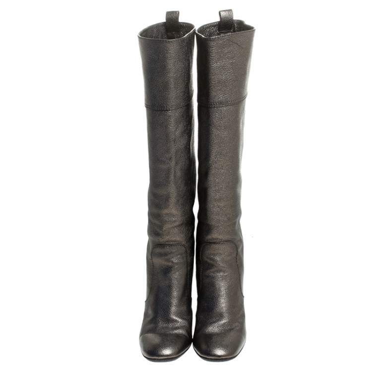 Pre Owned Tod's Metallic Grey Leather Knee Length Boots Size 36.5