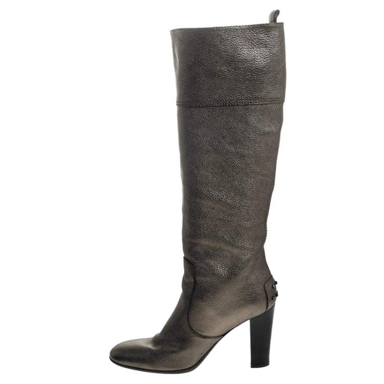 Pre Owned Tod's Metallic Grey Leather Knee Length Boots Size 36.5