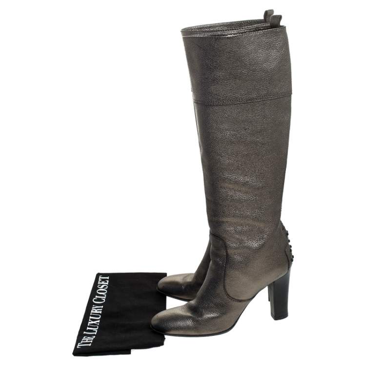 Pre Owned Tod's Metallic Grey Leather Knee Length Boots Size 36.5