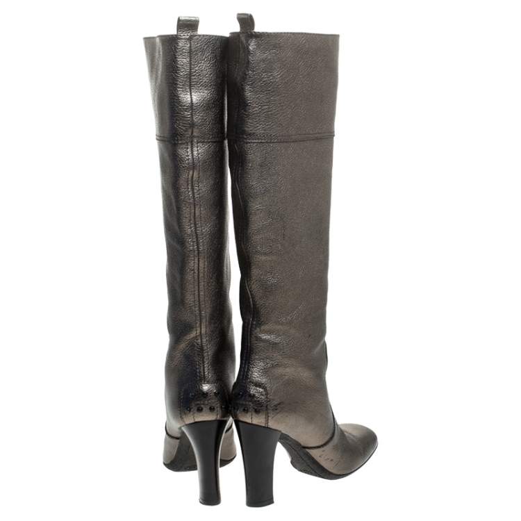Pre Owned Tod's Metallic Grey Leather Knee Length Boots Size 36.5