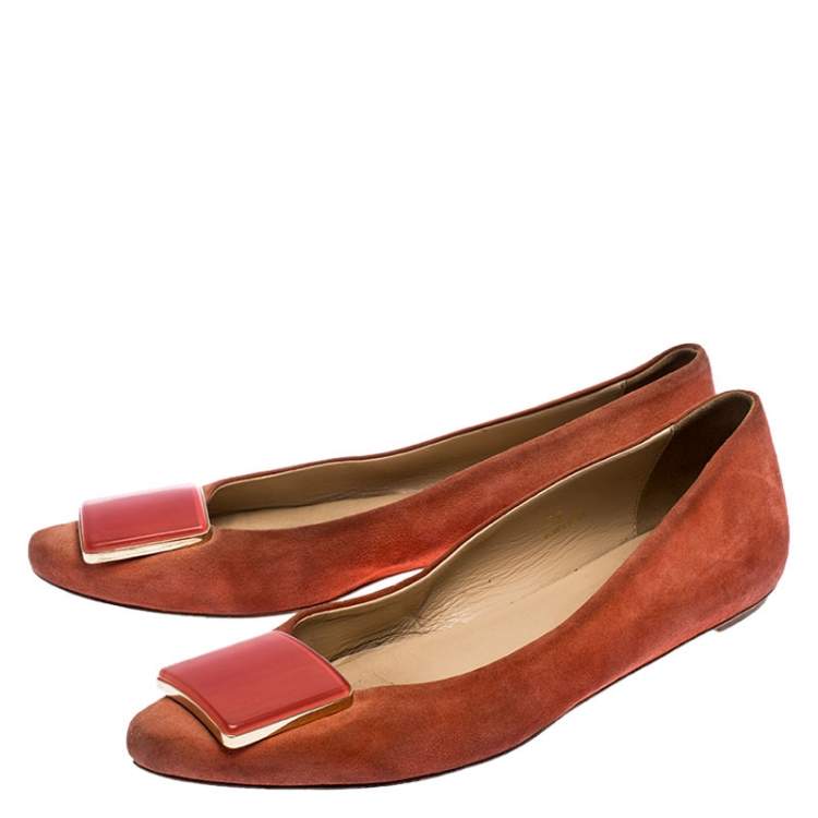 Pre Owned Tod's Orange Suede Square Detail Ballet Flats Size 37