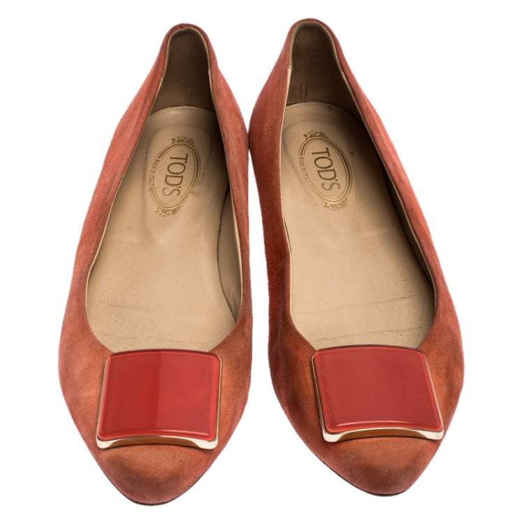 Pre Owned Tod's Orange Suede Square Detail Ballet Flats Size 37
