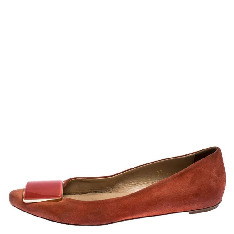 Pre Owned Tod's Orange Suede Square Detail Ballet Flats Size 37