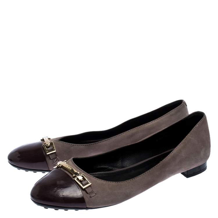 Pre Owned  Tod's Lilac/Purple Nubuck/Patent Leather Logo Metal Detail Cap Toe Ballet Flats Size 36.5 
