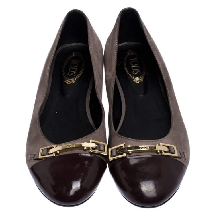 Pre Owned  Tod's Lilac/Purple Nubuck/Patent Leather Logo Metal Detail Cap Toe Ballet Flats Size 36.5 